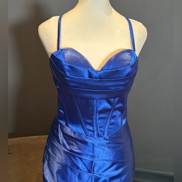 💎Women’s Blue Full Length Prom Dress CrissCross Corset Straps Leg Slit NEW✨ - Picture 6 of 9